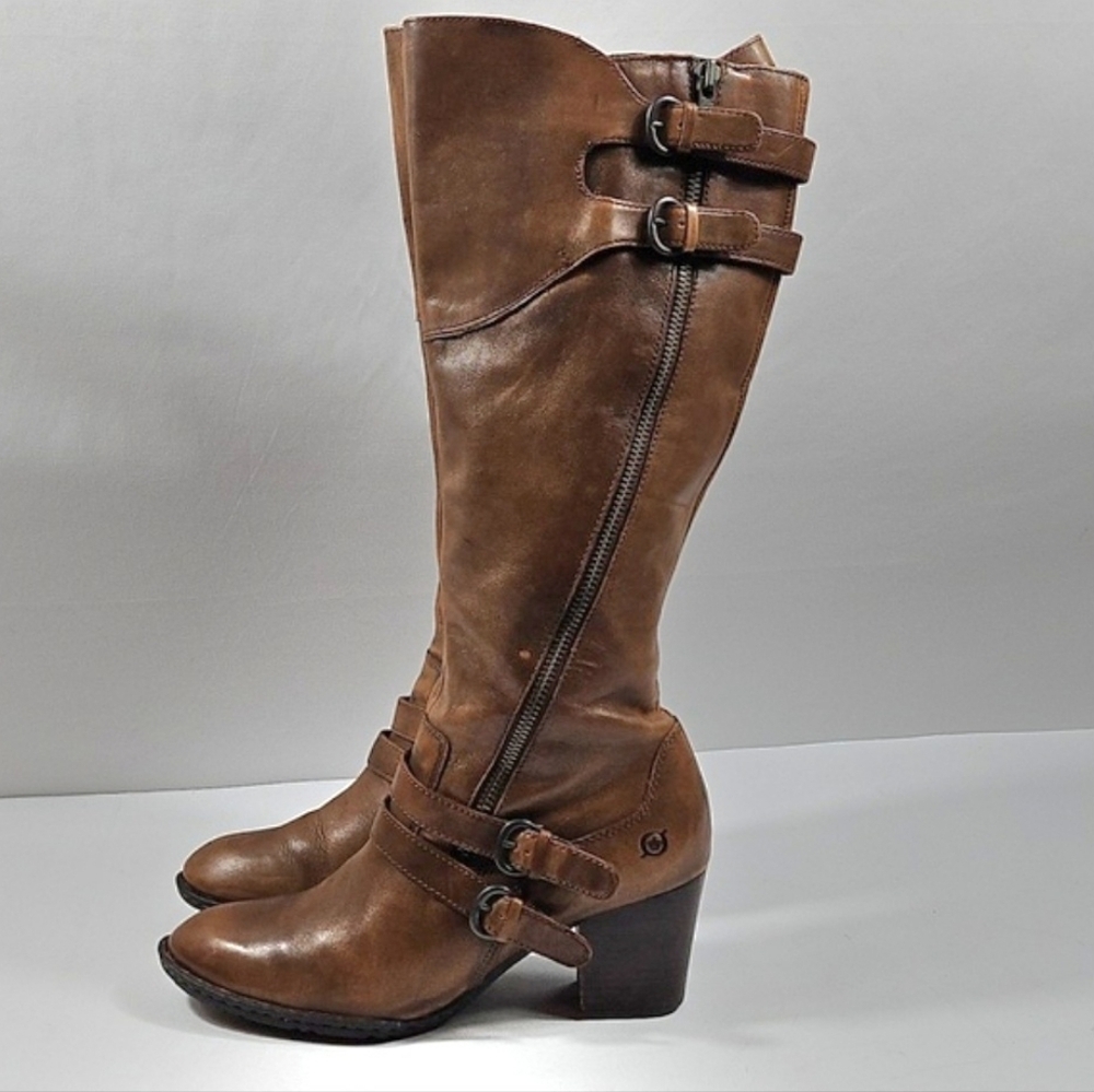 Born Milari Marrone Brown Leather Buckle Strap Tall Knee High Block Heel Boot - Picture 6 of 16